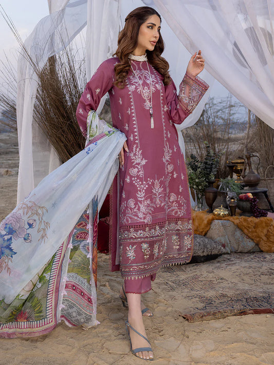 IZEL - 3PC DHANAK EMBROIDERED SHIRT WITH COUTURE SHAWAL AND TROUSER-W.J-1116