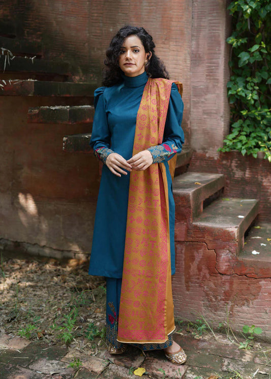 MARIA B - 3PC DHANAK EMBROIDERED SHIRT WITH WOOL PRINTED SHAWL AND TROUSER-W.J-1175