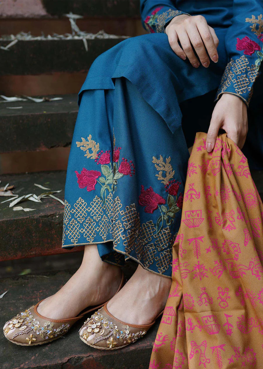 MARIA B - 3PC DHANAK EMBROIDERED SHIRT WITH WOOL PRINTED SHAWL AND TROUSER-W.J-1175
