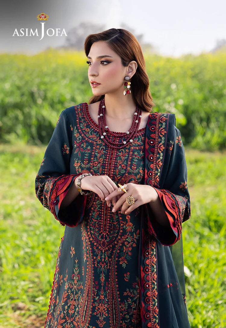 ASIM JOFA-3PC DHANAK EMBROIDERED SHIRT WITH DHANAK EMBROIDERED SHAWL AND TROUSER -WJ-1938