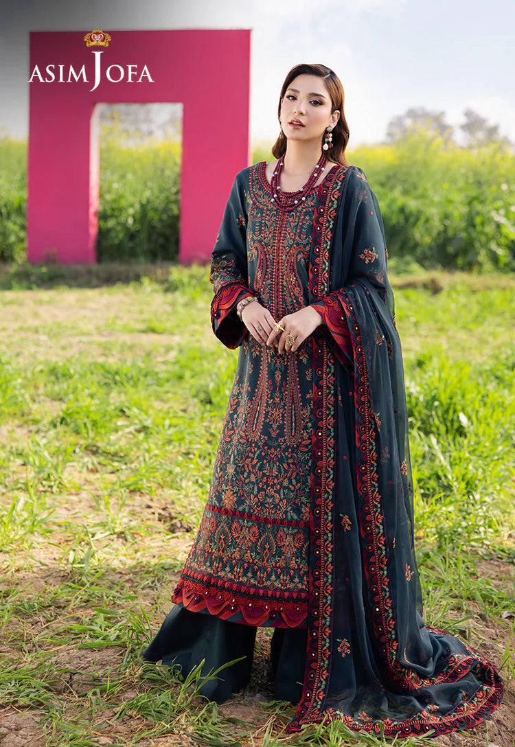 ASIM JOFA-3PC DHANAK EMBROIDERED SHIRT WITH DHANAK EMBROIDERED SHAWL AND TROUSER -WJ-1938