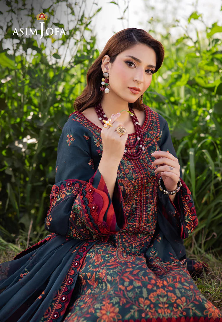ASIM JOFA-3PC DHANAK EMBROIDERED SHIRT WITH DHANAK EMBROIDERED SHAWL AND TROUSER -WJ-1938
