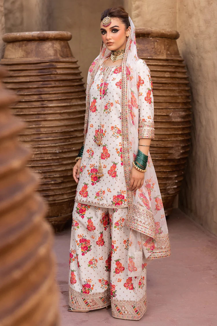 CHARIZMA-3PC SHAMOZE SILK PRINTED EMB SHIRT WITH SOFT SILK PRINTED EMB DUPATTA & EMB TROUSER-W.J-1960