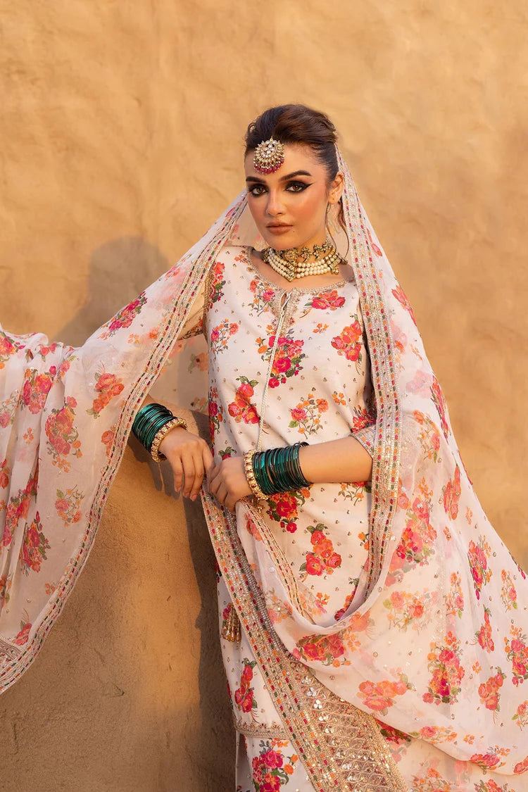 CHARIZMA-3PC SHAMOZE SILK PRINTED EMB SHIRT WITH SOFT SILK PRINTED EMB DUPATTA & EMB TROUSER-W.J-1960