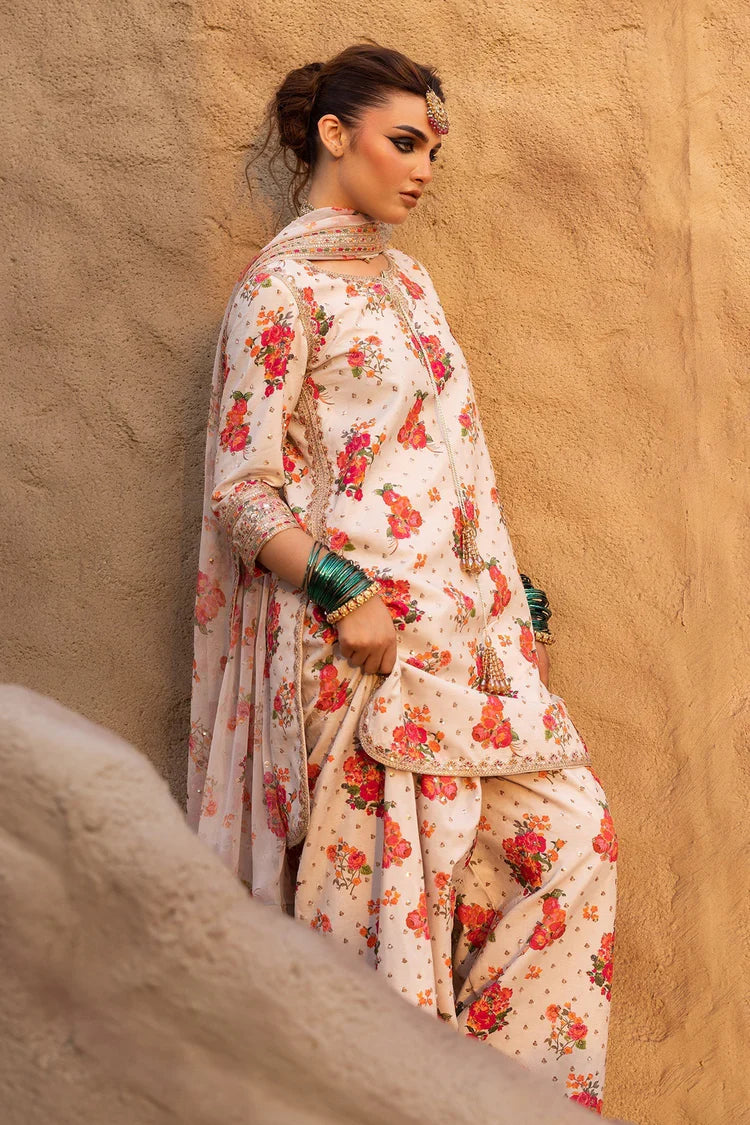 CHARIZMA-3PC SHAMOZE SILK PRINTED EMB SHIRT WITH SOFT SILK PRINTED EMB DUPATTA & EMB TROUSER-W.J-1960
