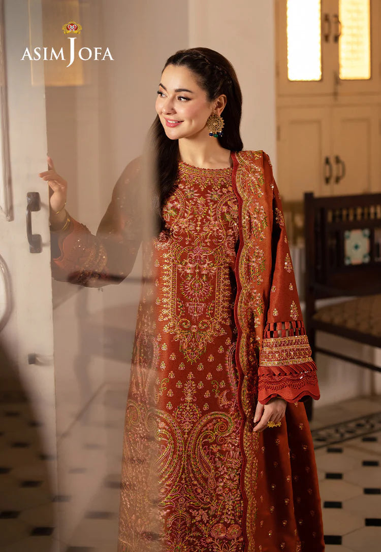 ASIM JOFA-3PC KARANDI SEQUIN EMBROIDERED SHIRT WITH KARANDI EMBROIDERED SHAWL AND TROUSER-W.J-2036