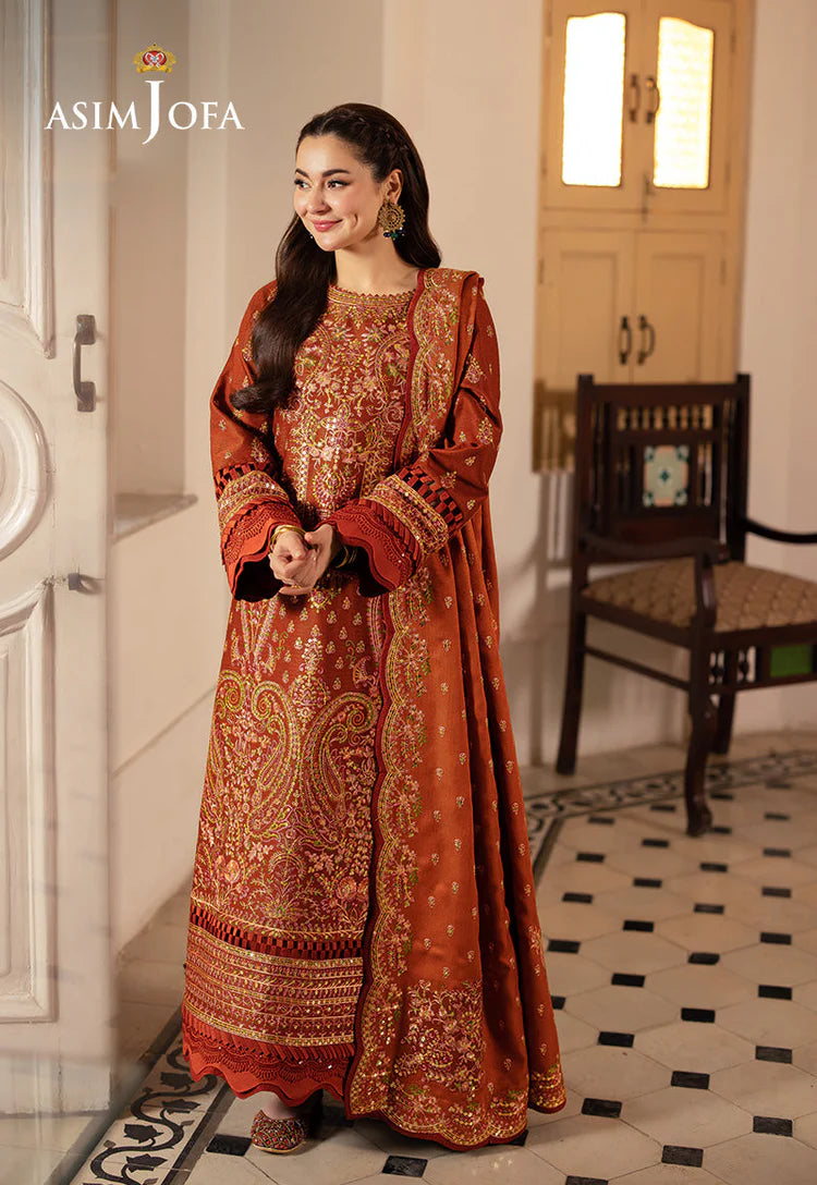 ASIM JOFA-3PC KARANDI SEQUIN EMBROIDERED SHIRT WITH KARANDI EMBROIDERED SHAWL AND TROUSER-W.J-2036
