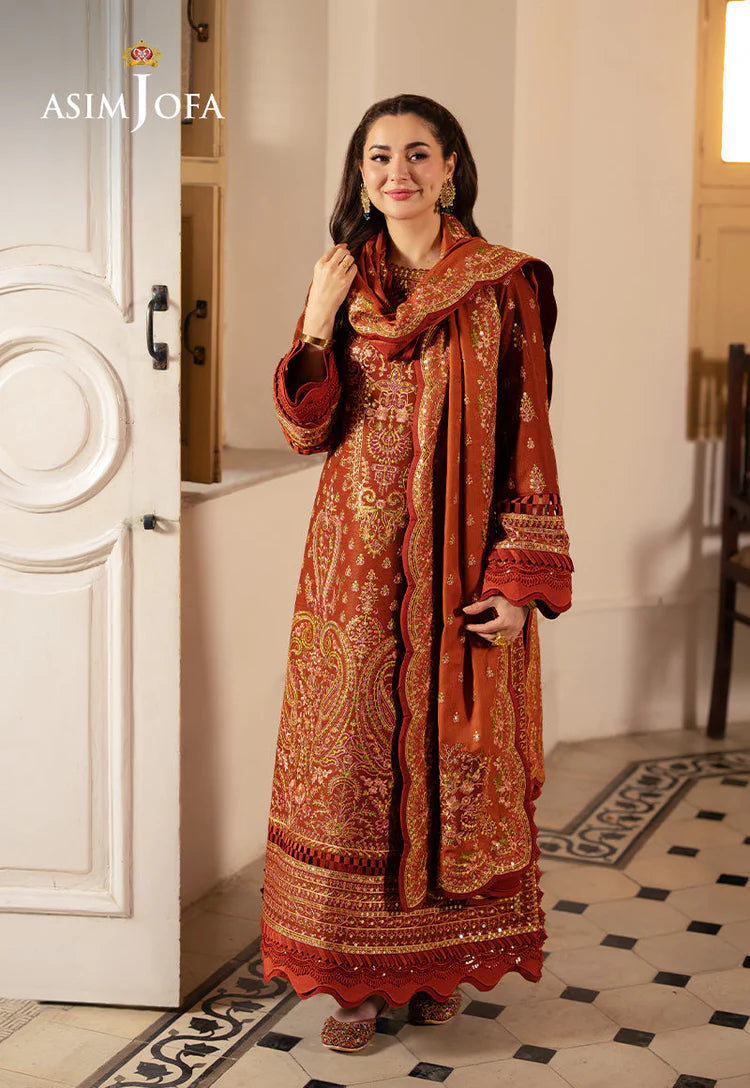 ASIM JOFA-3PC KARANDI SEQUIN EMBROIDERED SHIRT WITH KARANDI EMBROIDERED SHAWL AND TROUSER-W.J-2036