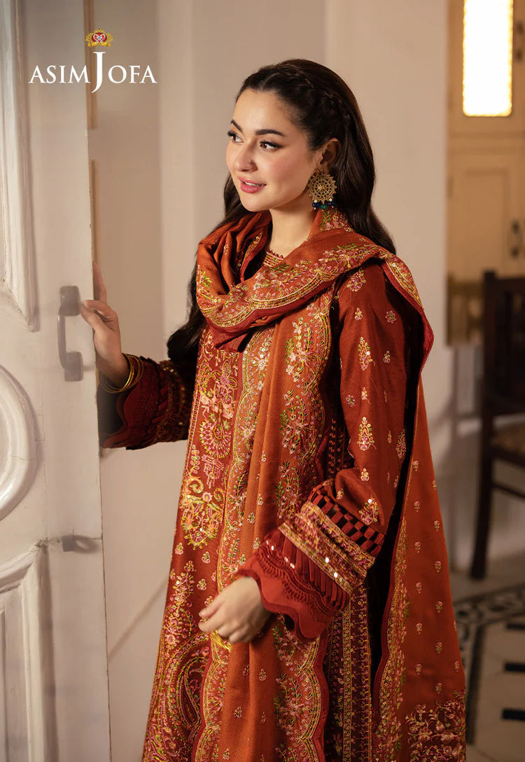 ASIM JOFA-3PC KARANDI SEQUIN EMBROIDERED SHIRT WITH KARANDI EMBROIDERED SHAWL AND TROUSER-W.J-2036