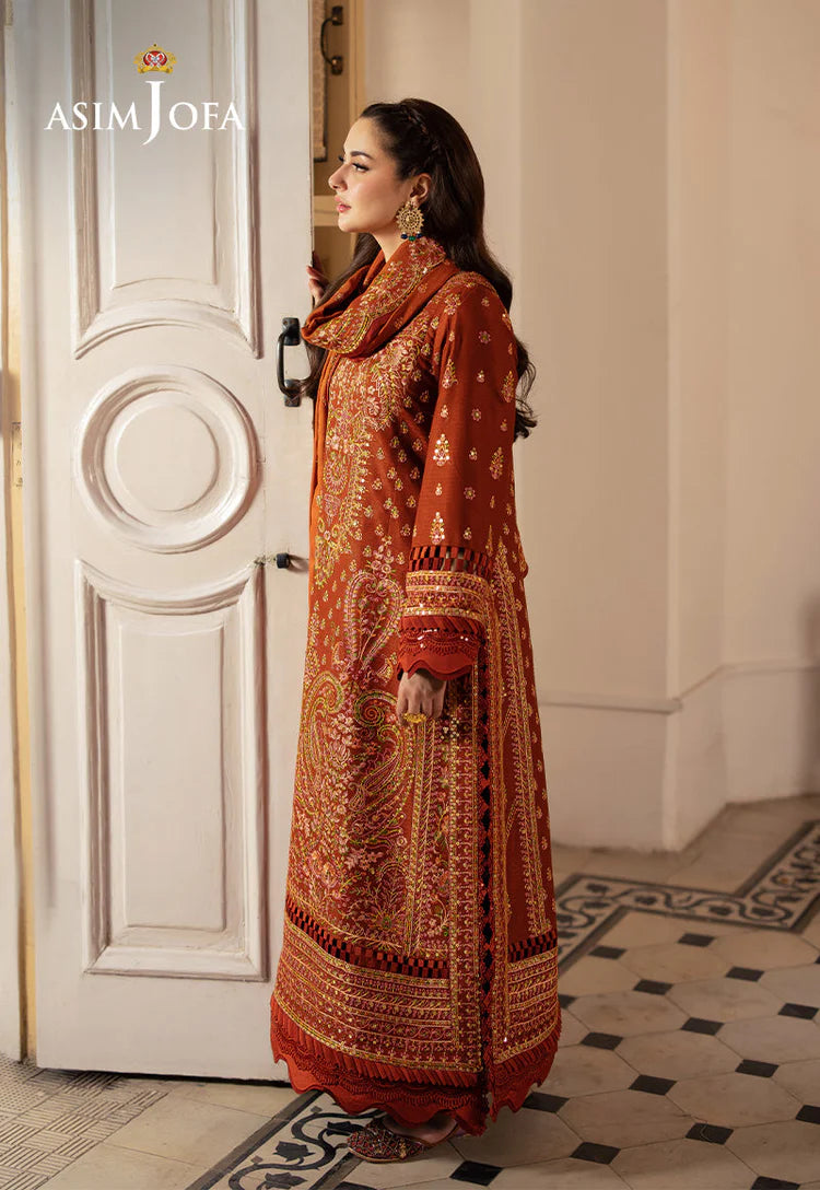 ASIM JOFA-3PC KARANDI SEQUIN EMBROIDERED SHIRT WITH KARANDI EMBROIDERED SHAWL AND TROUSER-W.J-2036
