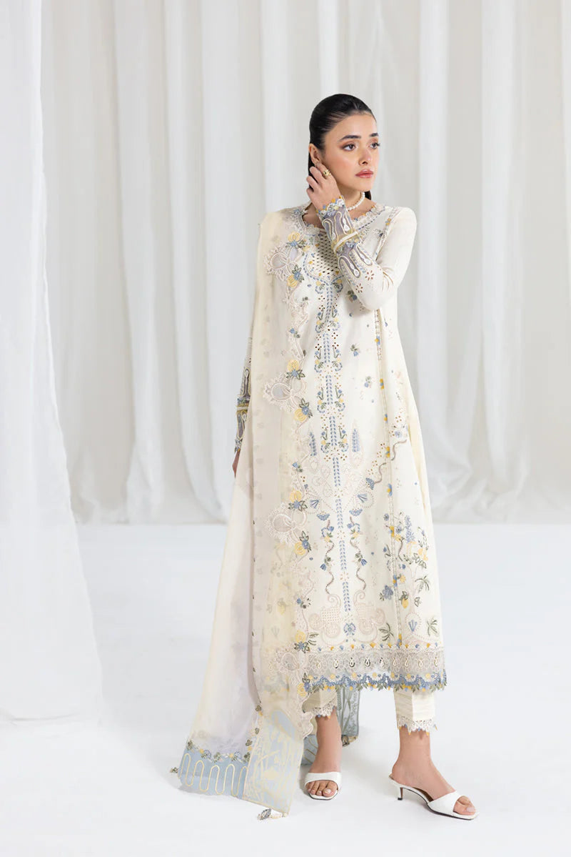QALAMQAR - 3PC LAWN EMBROIDERED SHIRT WITH NET EMBROIDERED DUPATTA AND TROUSER -W.J-1781