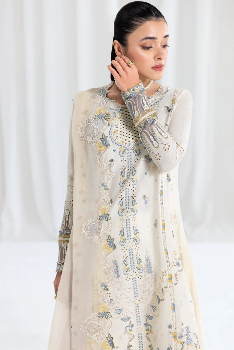 QALAMQAR - 3PC LAWN EMBROIDERED SHIRT WITH NET EMBROIDERED DUPATTA AND TROUSER -W.J-1781