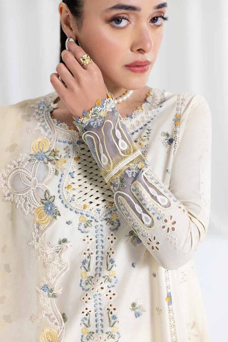QALAMQAR - 3PC LAWN EMBROIDERED SHIRT WITH NET EMBROIDERED DUPATTA AND TROUSER -W.J-1781