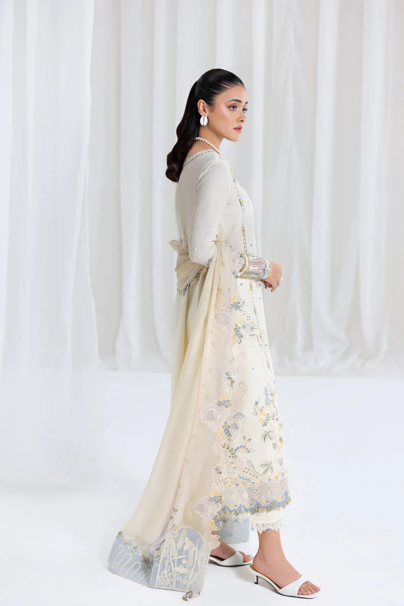 QALAMQAR - 3PC LAWN EMBROIDERED SHIRT WITH NET EMBROIDERED DUPATTA AND TROUSER -W.J-1781