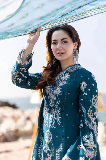 QALAMQAR-3PC DHANAK EMBROIDERED SHIRT WITH DHANAK EMBROIDERED SHAWL AND TROUSER-WJ-1934