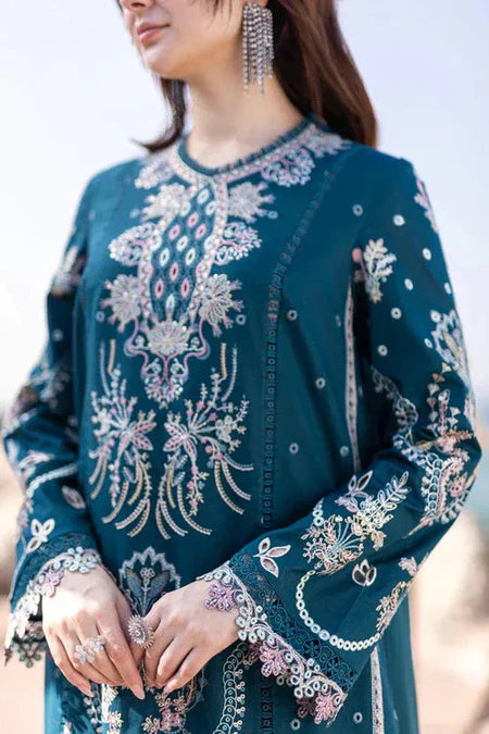 QALAMQAR-3PC DHANAK EMBROIDERED SHIRT WITH DHANAK EMBROIDERED SHAWL AND TROUSER-WJ-1934