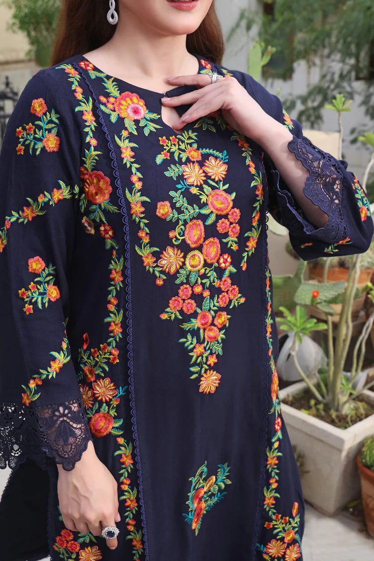 ASIM JOFA-3PC DHANAK EMBROIDERED SHIRT WITH COURTRAI PRINTED SHAWL & TROUSER-W.J-2007