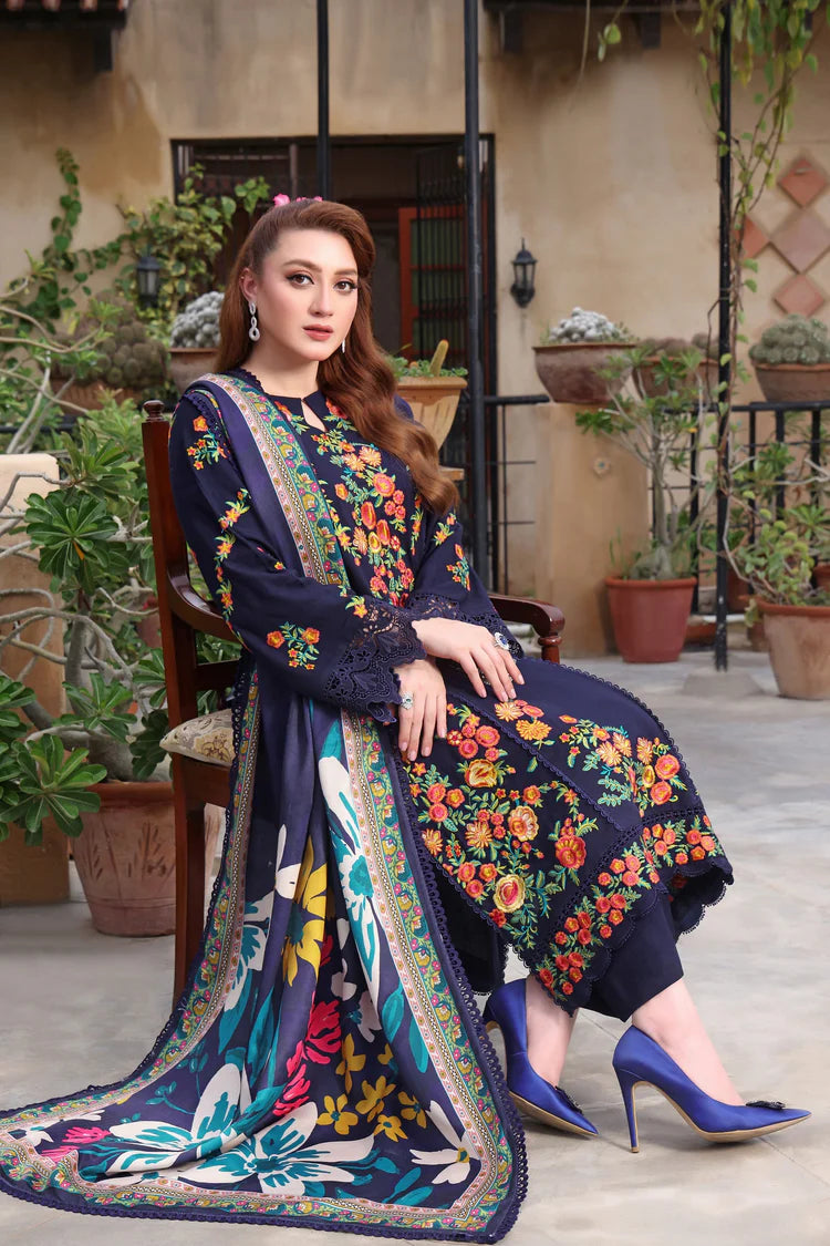 ASIM JOFA-3PC DHANAK EMBROIDERED SHIRT WITH COURTRAI PRINTED SHAWL & TROUSER-W.J-2007
