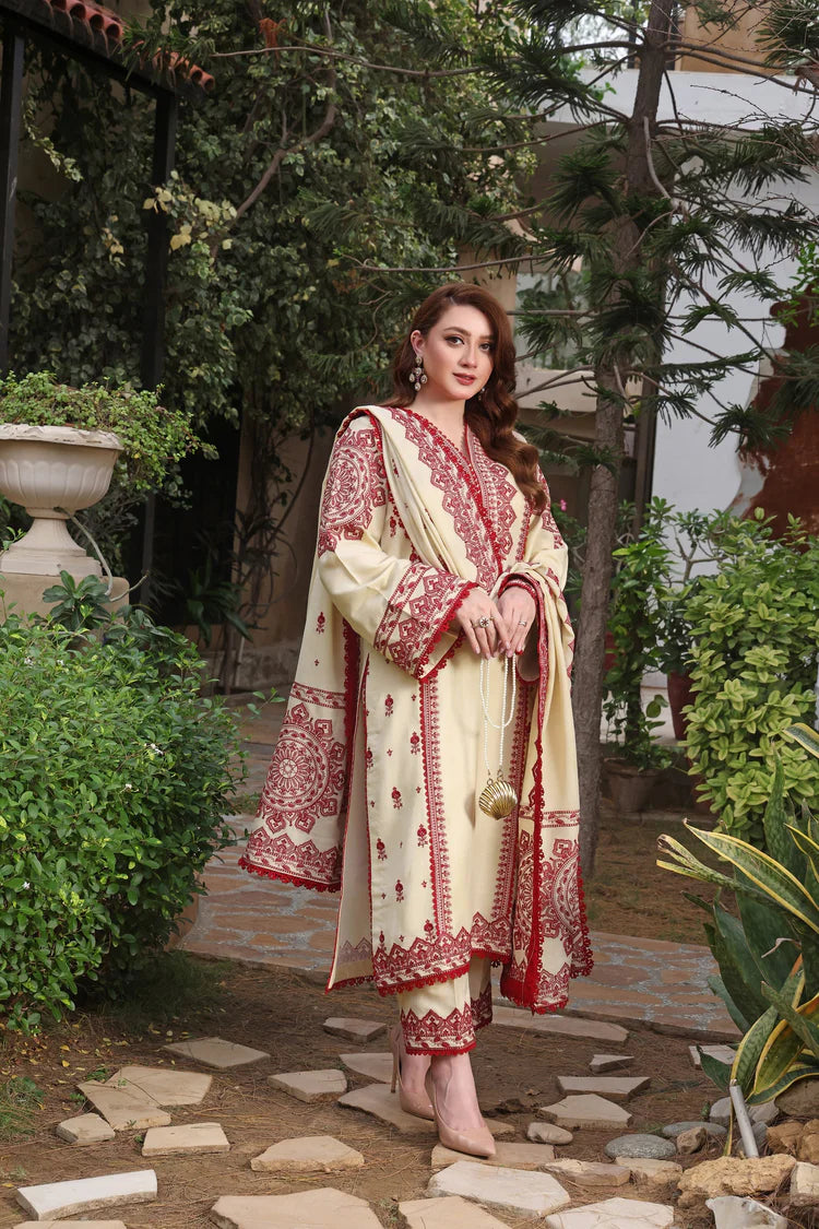 ASIM JOFA-3PC DHANAK EMBROIDERED SHIRT WITH DHANAK EMBROIDERED SHAWL & TROUSER-WJ-1952