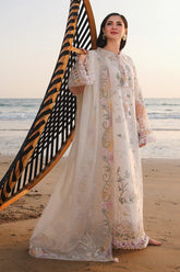 QALAMQAR-3PC DHANAK CHIKAN EMBROIDERED SHIRT WITH DHANAK EMBROIDERED SHAWL AND TROUSER -W.J-5095