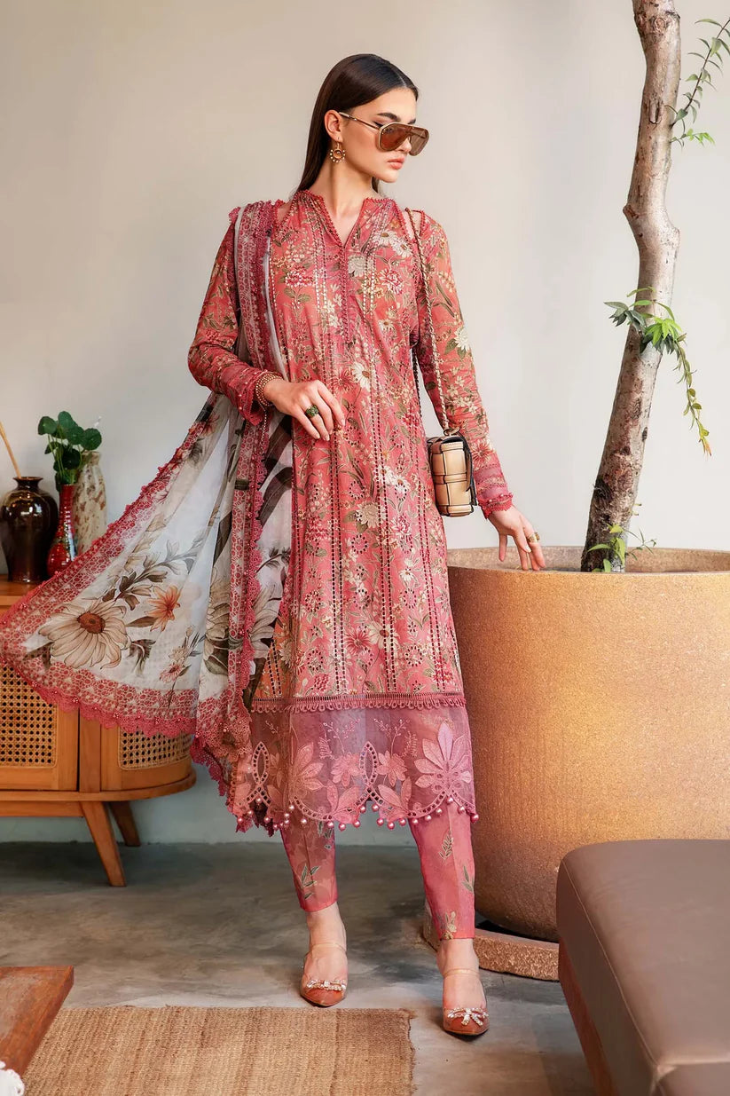 MARIA.B-3PC LAWN PRINTED EMB SHIRT WITH CHIFFON PRINT DUPATTA AND PRINT TROUSER-W.J-1646