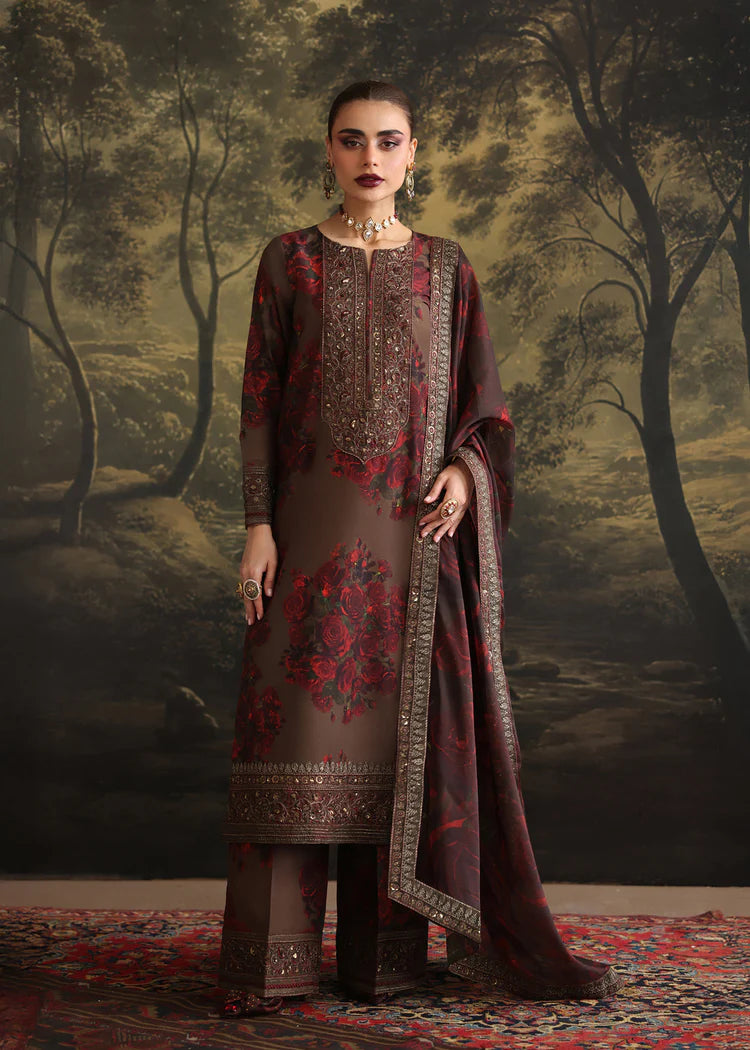 ZAINAB CHOTANI-3PC SHAMOZE SILK PRINTED EMBROIDERED SHIRT WITH SOFT SILK PRINTED EMB DUPATTA & EMB TROUSER-W.J-1958