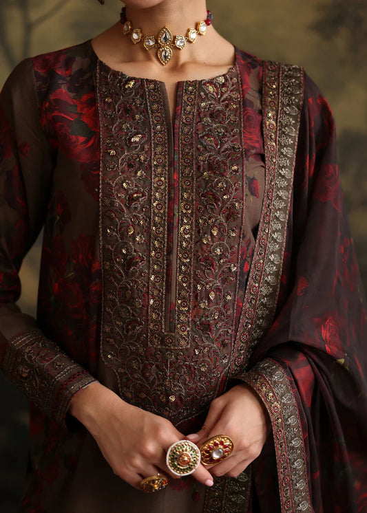 ZAINAB CHOTANI-3PC SHAMOZE SILK PRINTED EMBROIDERED SHIRT WITH SOFT SILK PRINTED EMB DUPATTA & EMB TROUSER-W.J-1958