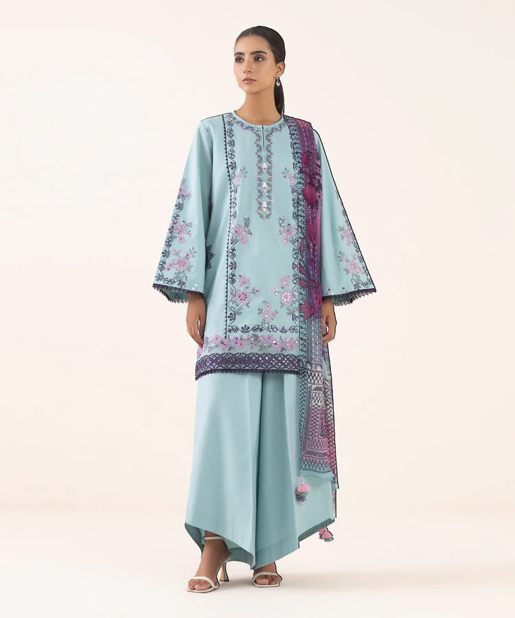 SAPPHIRE-3PC DHANAK EMBROIDERED SHIRT WITH COURTRAI PRINTED SHAWL AND TROUSER-W.J-2026