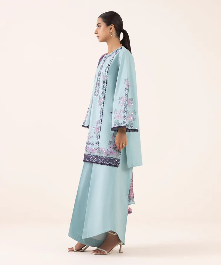 SAPPHIRE-3PC DHANAK EMBROIDERED SHIRT WITH COURTRAI PRINTED SHAWL AND TROUSER-W.J-2026