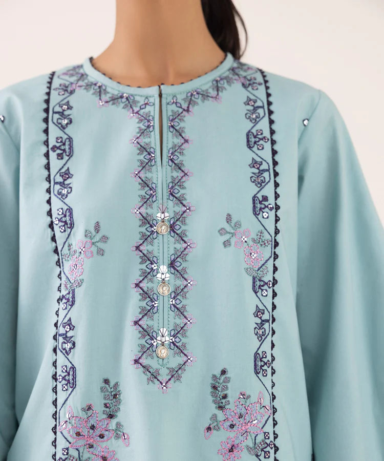 SAPPHIRE-3PC DHANAK EMBROIDERED SHIRT WITH COURTRAI PRINTED SHAWL AND TROUSER-W.J-2026