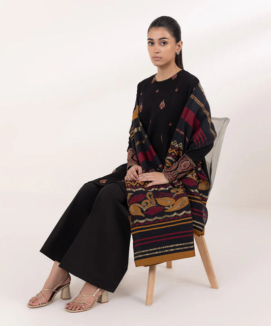 SAPPHIRE-3PC DHANAK EMBROIDERED SHIRT WITH COURTRAI PRINTED SHAWL AND TROUSER-W.J-1332