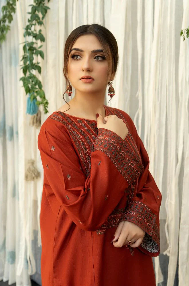 URGE - 3PC DHANAK EMBROIDERED SHIRT WITH COUTURE WOOL PRINT SHAWL AND TROUSER-W.J-1183