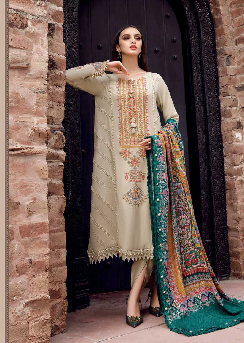 MARIA.B-3PC DHANAK EMBROIDERED SHIRT WITH COUTRAI PRINTED SHAWL AND TROUSER-W.J-1842