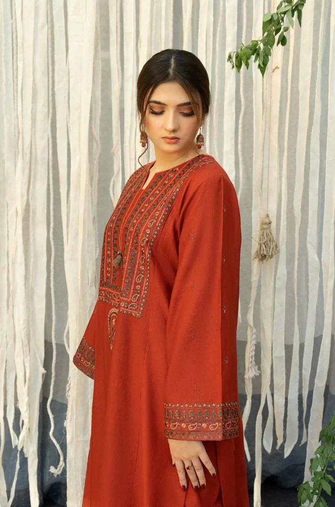 URGE - 3PC DHANAK EMBROIDERED SHIRT WITH COUTURE WOOL PRINT SHAWL AND TROUSER-W.J-1183