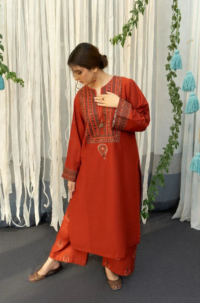 URGE - 3PC DHANAK EMBROIDERED SHIRT WITH COUTURE WOOL PRINT SHAWL AND TROUSER-W.J-1183
