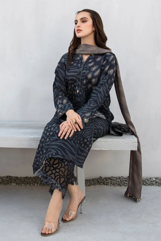 BAROUQE-3PC KHADDAR PRINTED SHIRT WITH KHADDAR PRINT DUPATTA AND PRINT TROUSER-W.J-2000