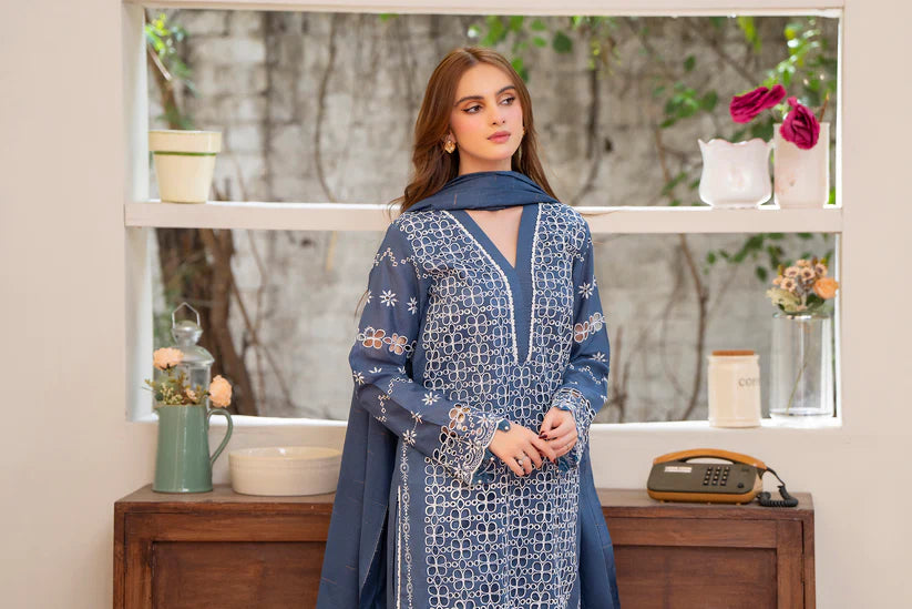 MIRAKHI-3PC LAWN CHIKENKARI EMBROIDERED SHIRT WITH LAWN TUBE SLUB DUPATTA-W.J-1694