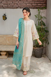 AISLING - 3PC DHANAK EMBROIDERED SHIRT WITH COUTURE WOOL PRINT SHAWL AND EMB TROUSER-W.J-3116