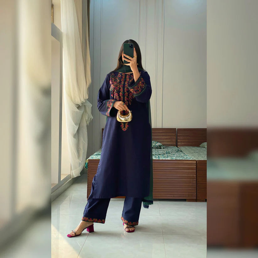 WearJora-3PC DHANAK EMBROIDERED SHIRT WITH BAMBER CHIFFON DUPATTA AND EMB TROUSER-W.J-1802
