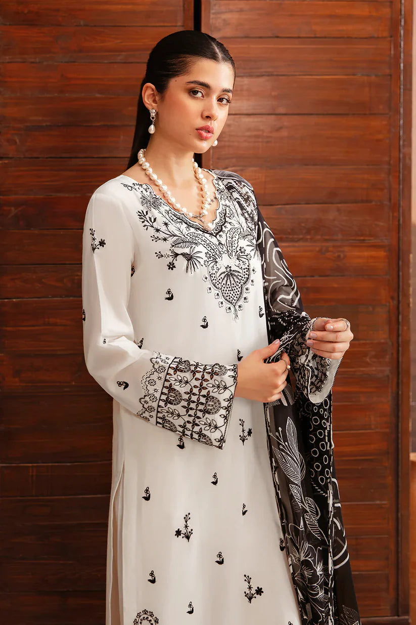 AFSANAH-3PC DHANAK EMBROIDERED SHIRT WITH COUTURE PRINTED SHAWL & TROUSER-W.J-1349