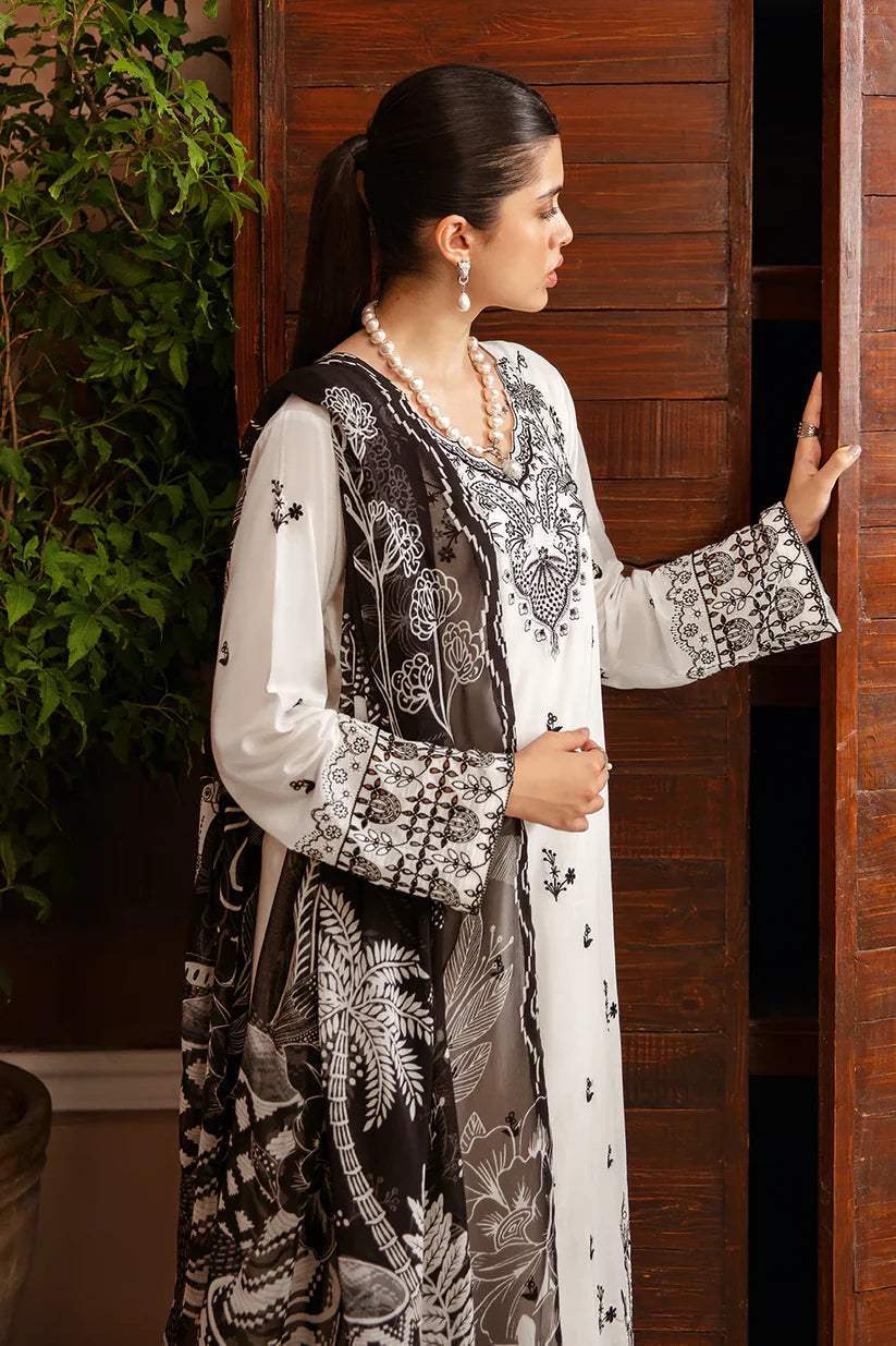 AFSANAH-3PC DHANAK EMBROIDERED SHIRT WITH COUTURE PRINTED SHAWL & TROUSER-W.J-1349