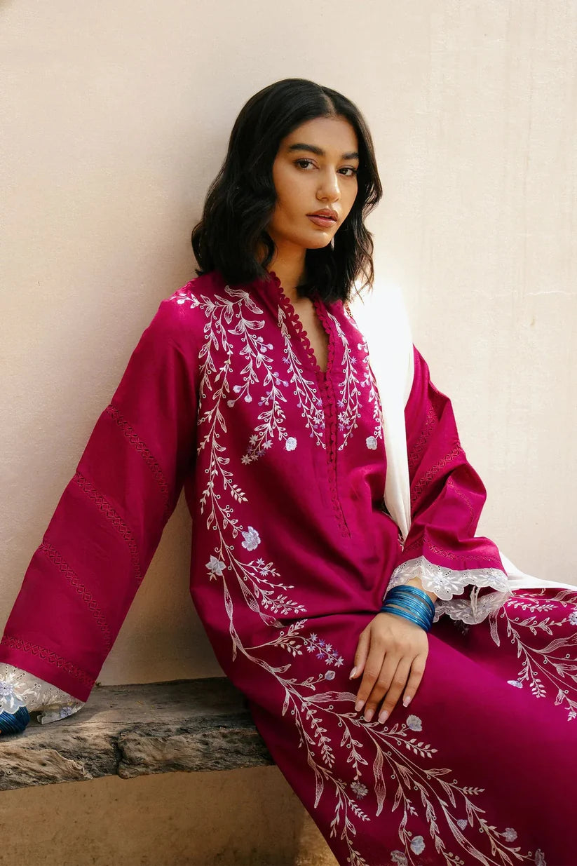 ZARASHAHJAHAN-3PC DHANAK EMBROIDERED SHIRT WITH COTTON NET EMBROIDERED DUPATTA AND TROUSER-W.J-1909