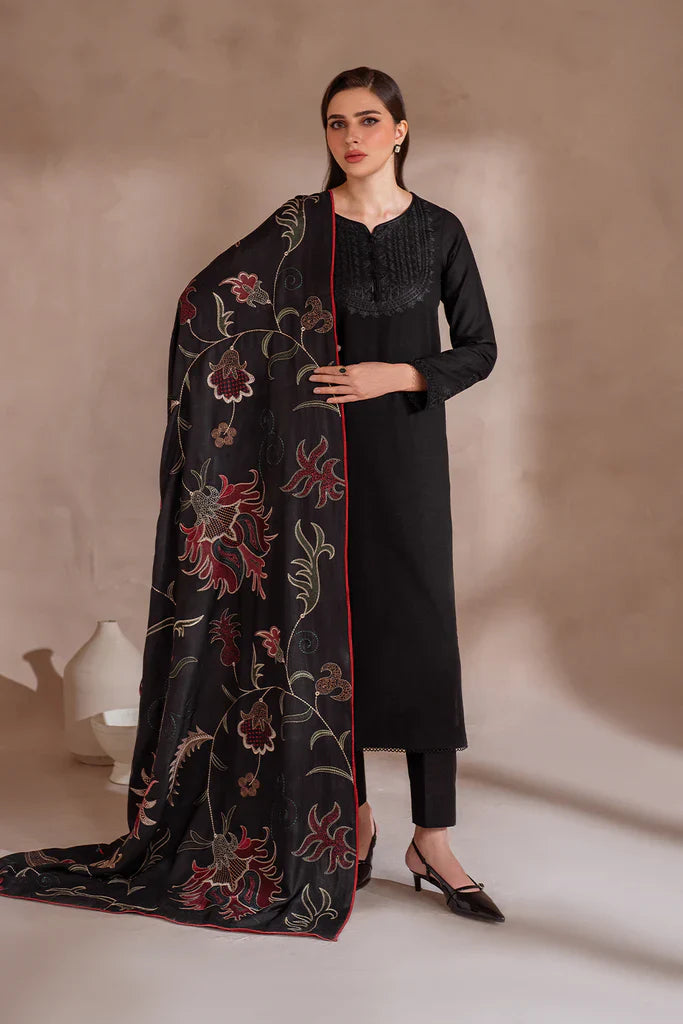 IZNIK-3PC DHANAK EMBROIDERED SHIRT WITH DHANAK EMBROIDERED SHAWL & TROUSER-W.J-1319