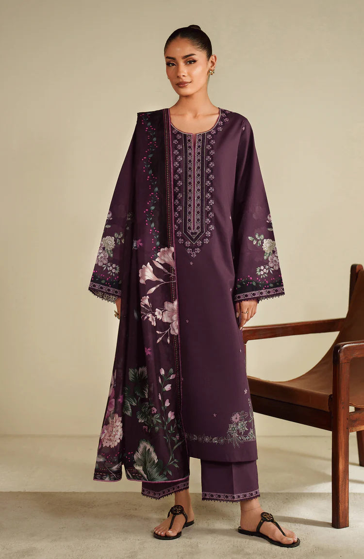 SERAN-3PC DHANAK EMBROIDERED SHIRT WITH COURTRAI PRINTED SHAWL & TROUSER-W.J-2030
