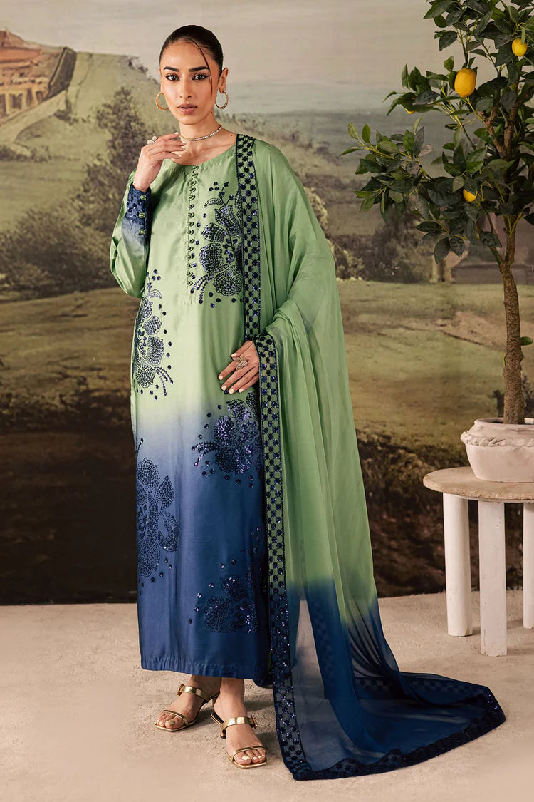 NUREH-3PC SHAMOZE SILK PRINTED EMBROIDERED SHIRT WITH SOFT SILK PRINTED EMB DUPATTA & TROUSER-W.J-1963