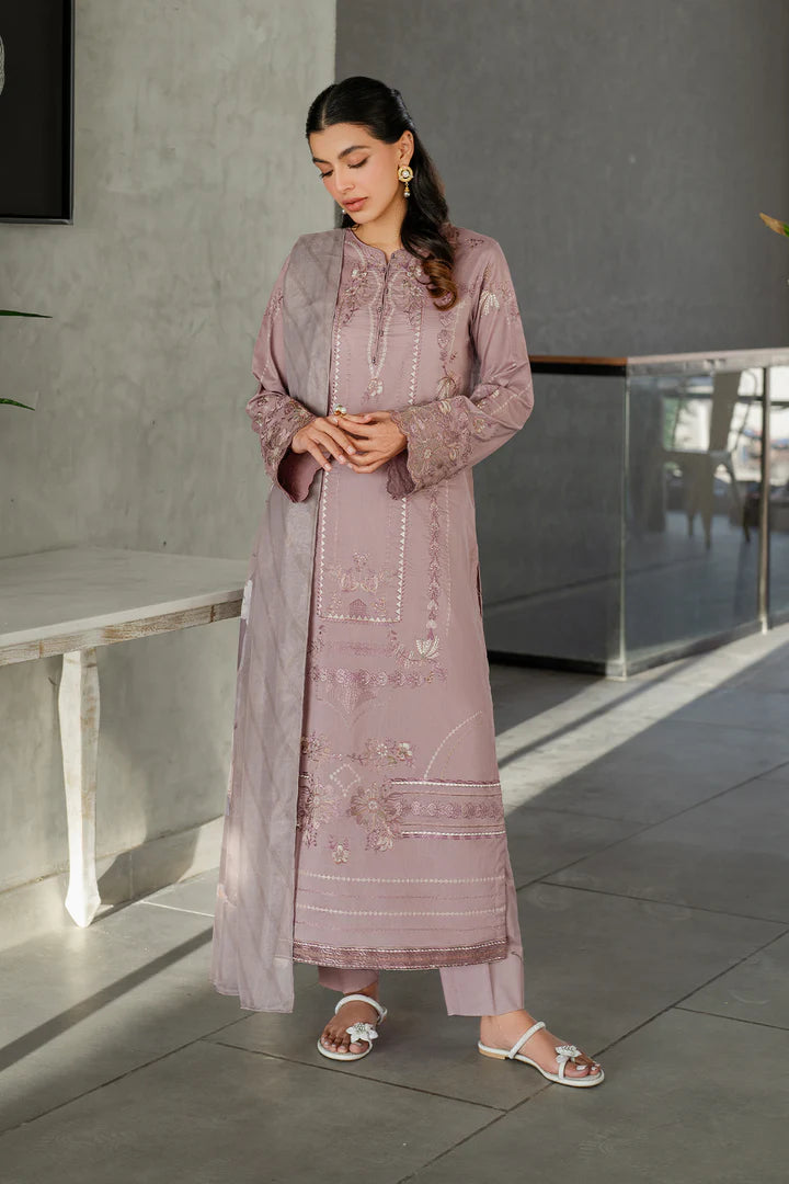 IZNIK-3PC DHANAK EMBROIDERED SHIRT WITH COUTRAI PRINTED SHAWL AND TROUSER-W.J-1805