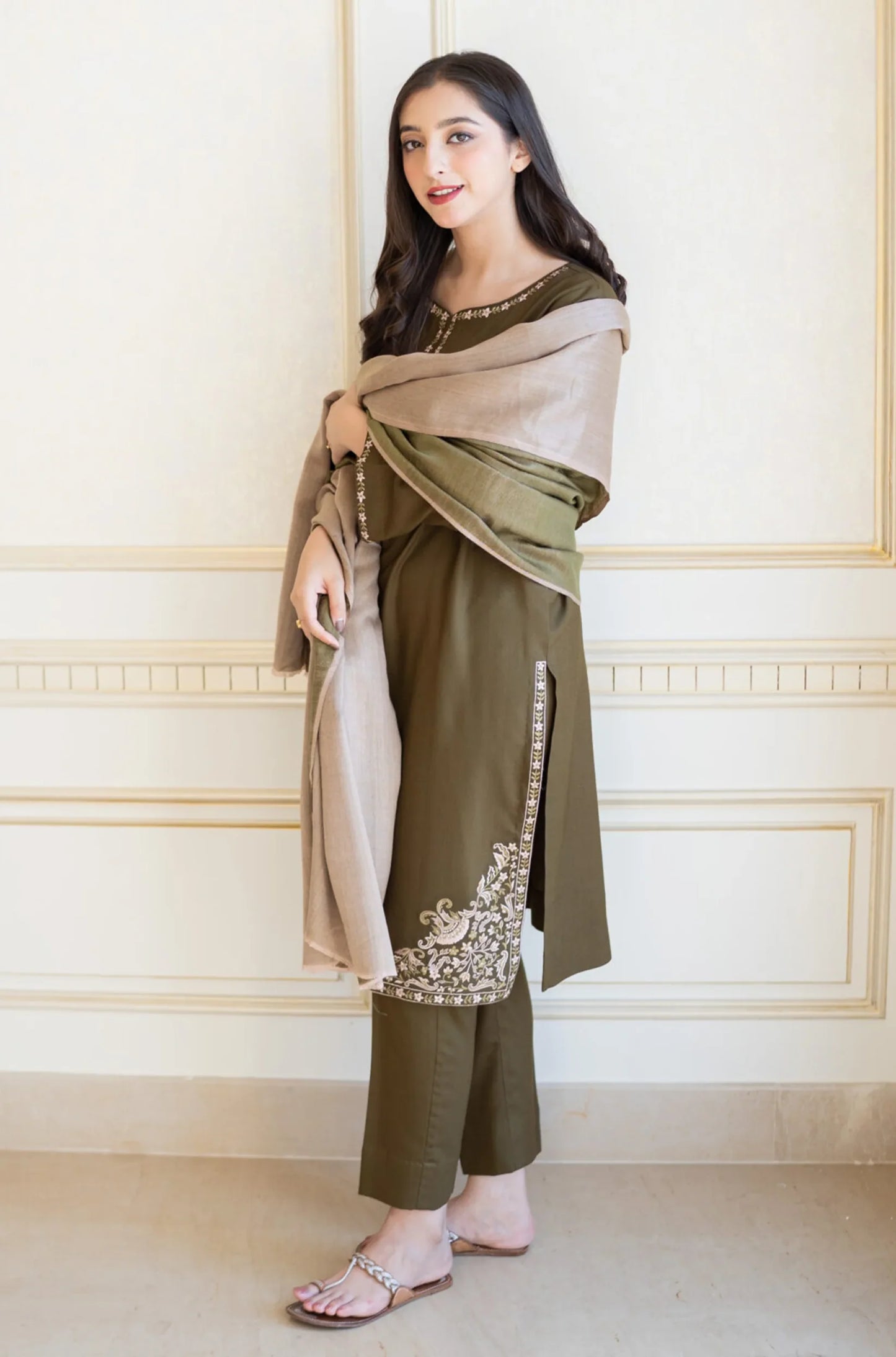 AISLING-3PC DHANAK EMBROIDERED SHIRT WITH COURTRAI PRINTED SHAWL & TROUSER-W.J-1207