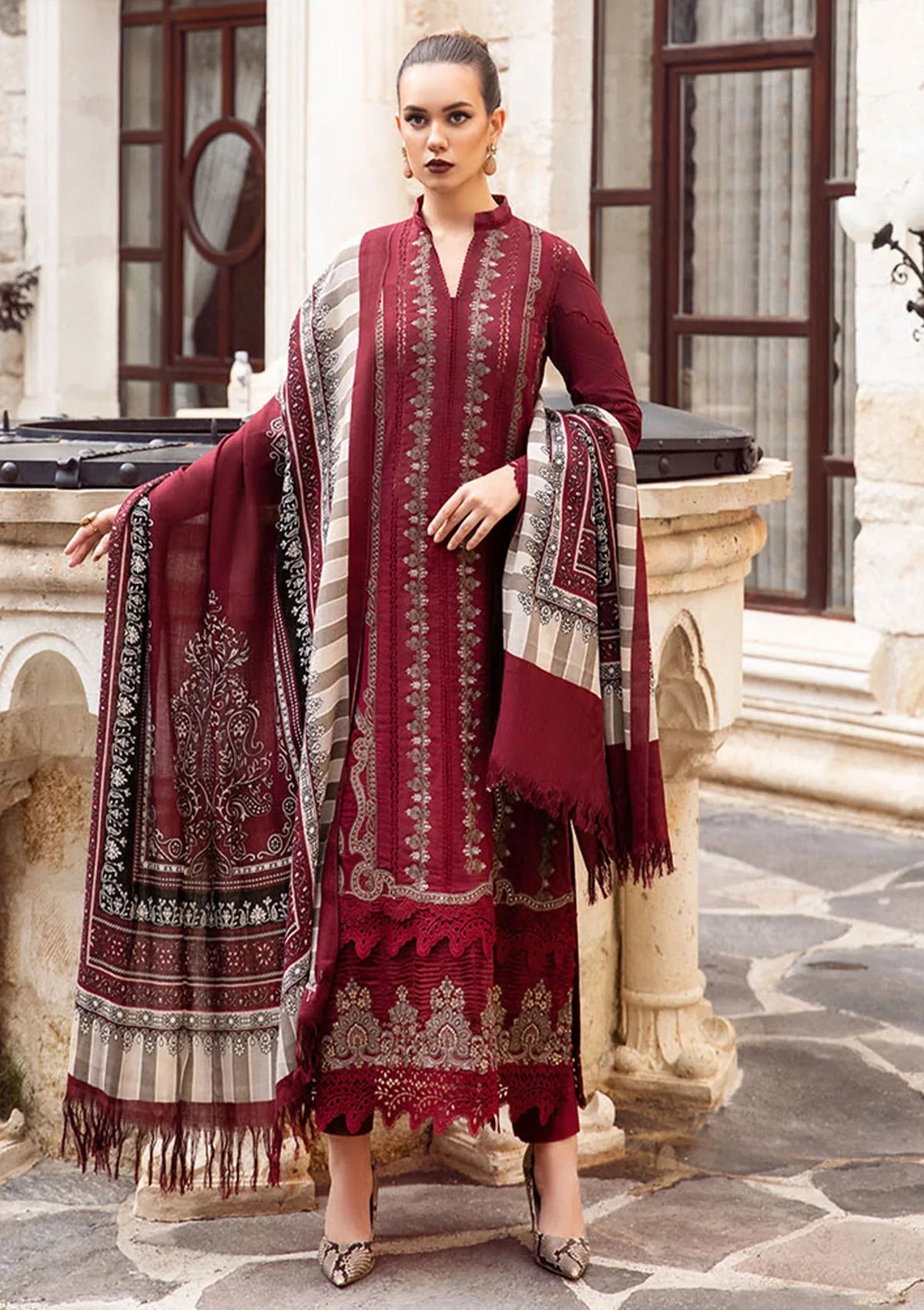 MARIA B - 3PC DHANAK EMBROIDERED SHIRT WITH COUTURE WOOL PRINT SHAWL AND DHANAK TROUSER-W.J-1169