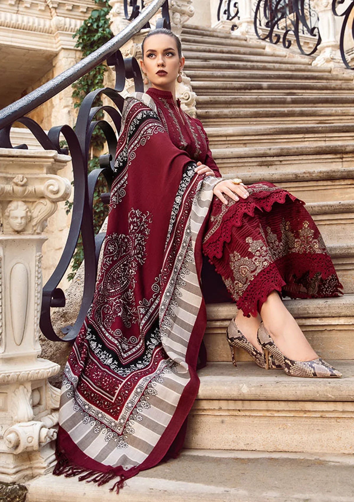 MARIA B - 3PC DHANAK EMBROIDERED SHIRT WITH COUTURE WOOL PRINT SHAWL AND DHANAK TROUSER-W.J-1169