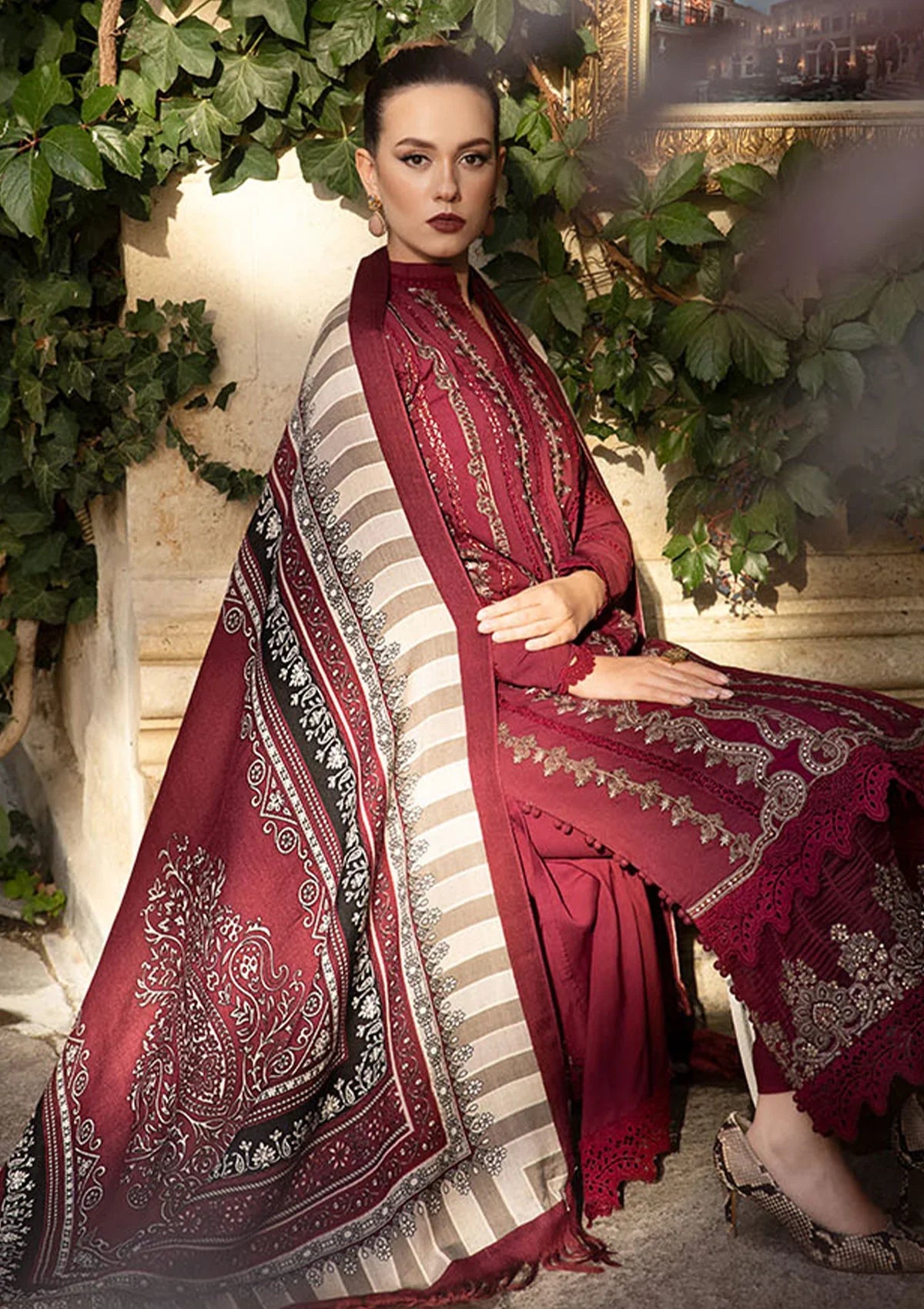 MARIA B - 3PC DHANAK EMBROIDERED SHIRT WITH COUTURE WOOL PRINT SHAWL AND DHANAK TROUSER-W.J-1169
